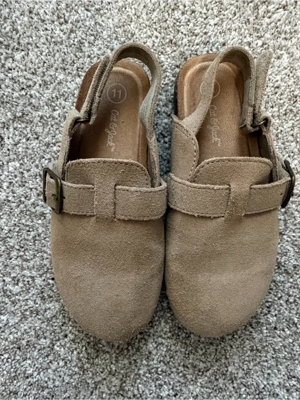 Suede Buckle Backless Mules in Tan